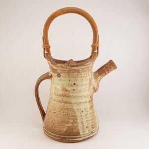 Handmade Studio Pottery Teapot, Unsigned, Bamboo Handle Earth Tone Speckle Glaze